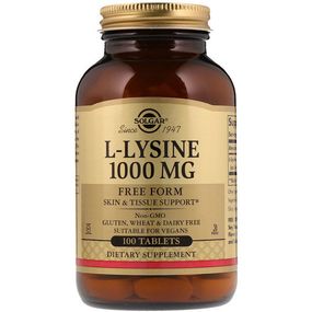 Амінокислота Лізін Solgar L-Lysine Free Form 1000 mg 100 Veg Tabs