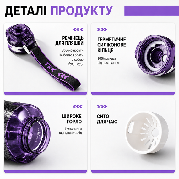 Спортивная бутылка для воды TKK 1500 мл (1.5 л): ударопрочный Tritan BPA-free, Фиолетовая | Зображення 6