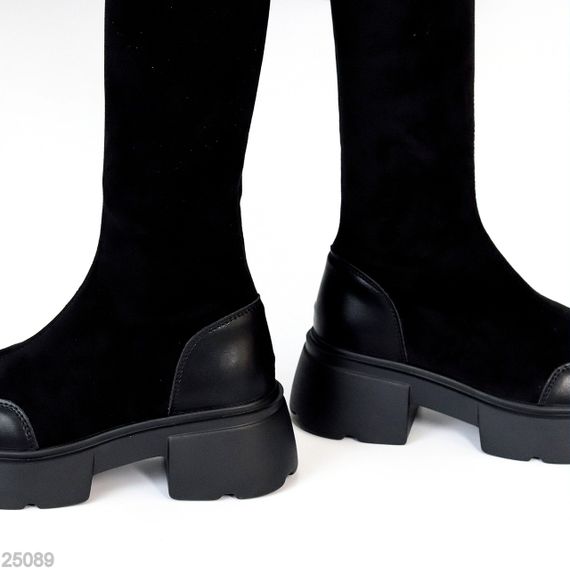 Ультра модні чорні ботфорти замшеві стрейч на тракторній підошві | Зображення 2