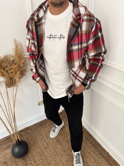 Теплая мужская байковая рубашка в клетку на молнии с капюшоном размер 48/50 цвет красный  adl100 | Зображення 2