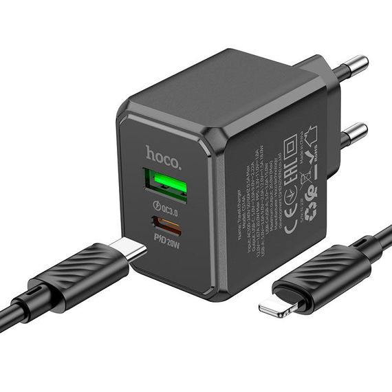Набір СЗУ HOCO CS14A+кабель Lighting, 1xUSB+1xUSB-C, PD20W+QC3.0, кабель 1м | Зображення 2