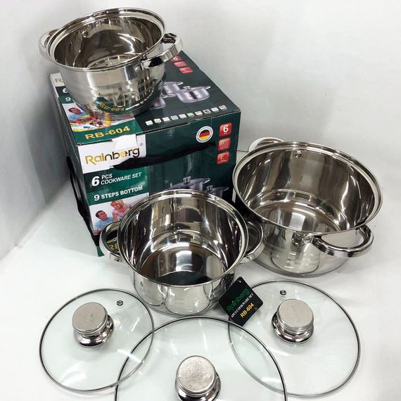 Набір каструль Rainberg RB-604 нержавіюча сталь, капсульне 9-ти шарове дно (3 каструлі 3 кришки) | Зображення 2