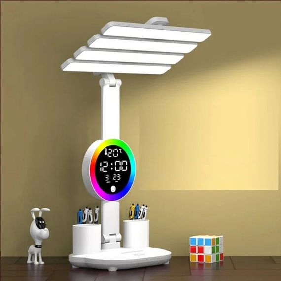 Настільна LED лампа KRX-104 з RGB-підсвіткою, вентилятором, годинником і підставкою | Зображення 4