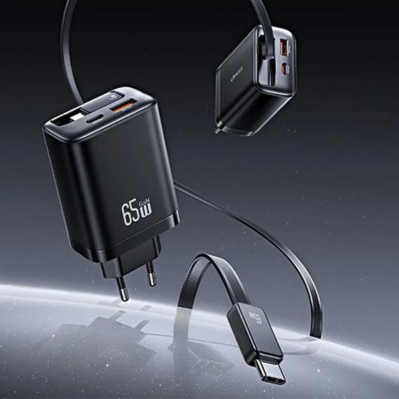 СЗУ Usams US-CC299 GaN With Retractable Type-C Cable Xiang Ser. 65W (1USB-A/1C) Black | Зображення 1