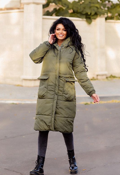 Женская теплая зимняя длинная куртка-пальто MM467 размер 42/44 цвет хаки | Зображення 1