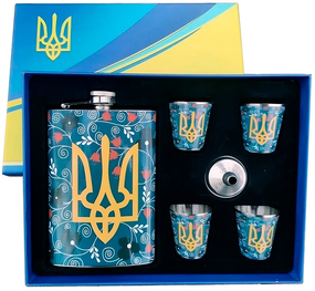 Подарунковий набір MOONGRASS 6в1 з флягою, чарками, лійкою UKRAINE 🇺🇦 WKL-008