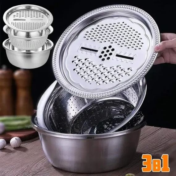 Многофункциональный кухонный набор из нержавеющей стали 3 в 1 Metal Basket Cutter Миска дуршлаг и терка | Зображення 1
