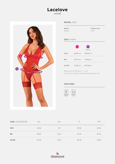 Прозорий корсет Obsessive Lacelove corset XL/2XL Red, мереживо, підв’язки для панчіх | Зображення 4