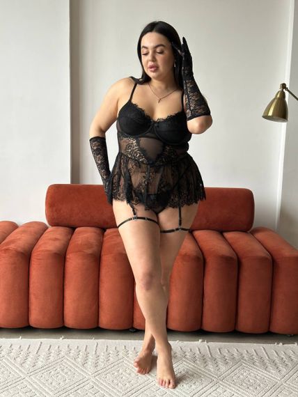 Мереживний чорний пеньюар еротична білизна з гартерами PLUS SIZE | Зображення 4