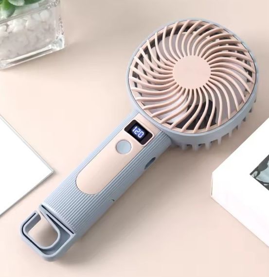 Портативный ручной вентилятор Handheld Fan FY083 пластиковый с подставкой и крючком LED дисплей 120 скоростей 1 Вт Голубой | Зображення 3