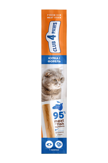 Клуб 4 Лапи МЯ'СНА ПАЛИЧКА ПРЕМІУМ: Курка та ФОРЕЛЬ. ЛАСОЩІ ДЛЯ КОТІВ. 5 г