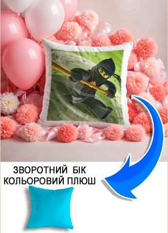 Подушка плюшева Мерч Крафт Дизайн з принтом Ninjago 4 блакитний плюш квадратна 33х33 см
