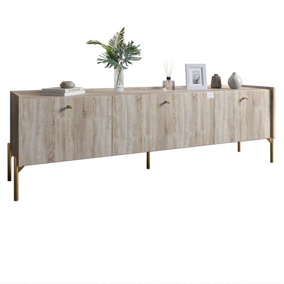 Тумба під телевізор на 3 шухляди LION Wood з золотими ніжками 160х65х40 см Дуб Сонома (LION-042994) | Зображення 1