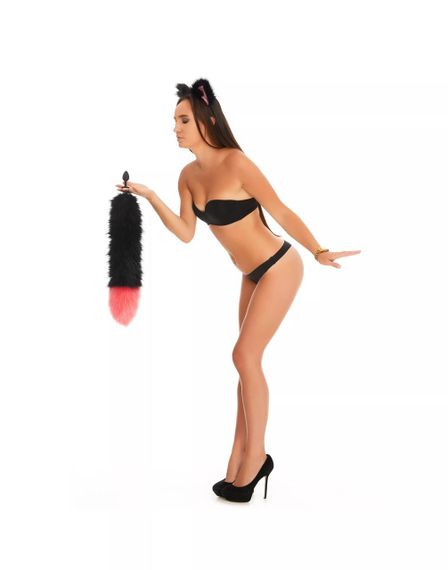 Анальний хутряний хвіст без пробки, Чорний з яскраво-рожевим кінчиком, OKOVA, 50 см. Sex Aura | Зображення 3