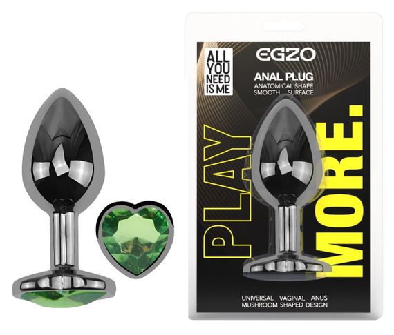 Анальна пробка з кристалом EGZO - Dark Silver Heart Plug Green size S Sex Aura
