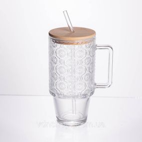 Кружка стеклянная с крышкой и трубочкой 750 (мл) чашка с трубочкой и крышкой  на подарок HP-19-48N