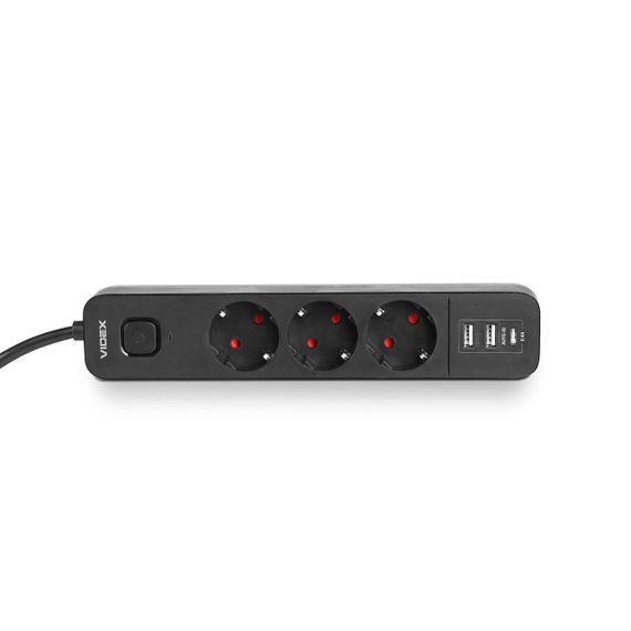 Мережевий подовжувач VIDEX ONCORD з/з 3п 3м (3x1.5мм) 2.4А 2USB+USB-C з кнопкою Black | Зображення 4