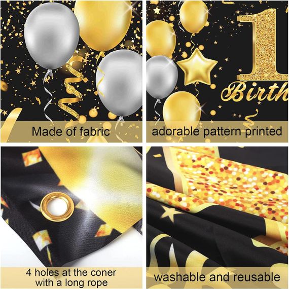 Святковий банер на день народження "З Днем Народження", чорний із золотим, 185×110 см + 10 кульок 🎉 | Зображення 3