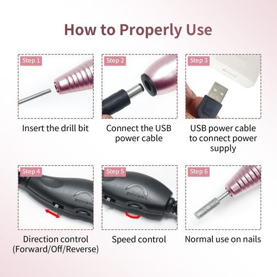 Професійна електрична дриль для нігтів JODSONE 20000 об/хв з USB та 6 змінними насадками | Зображення 1