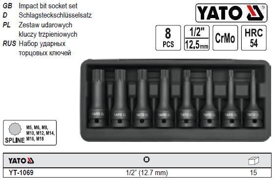 Набор насадок ударных YATO Польша SPLINE 1/2" 8 штук YT-1069