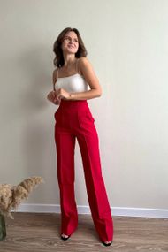 Женские классические широкие брюки со стрелками и высокой посадкой KI213 цвет красный, размер XL