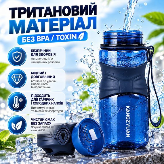 Бутылка для воды KANGZYUAN 450 мл синяя спортивная Tritan BPA Free с антибактериальным покрытием эргономичная ударопрочная | Зображення 4