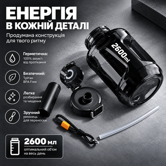 Пляшка для води NRMEI 2600 мл з Тритану: Спортивна, Герметична, з Ручкою та Ремінцем, Чорна | Зображення 1