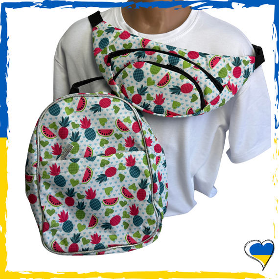 Комплект підлітковий рюкзак міні та бананка з принтом Фрукти Шкільний міні-портфель Для садочка