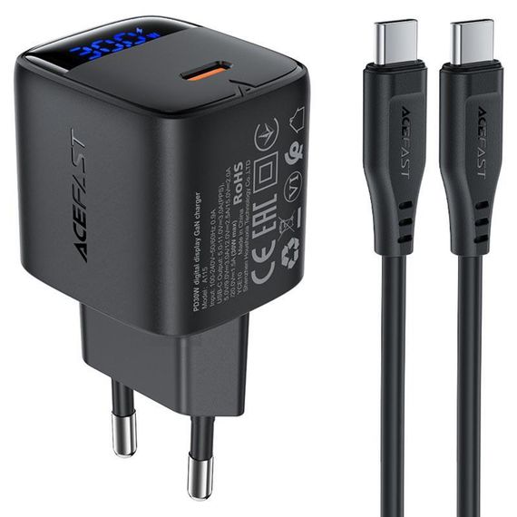 СЗУ Acefast A115 PD30W GaN (1USB-C) + кабель Type-C to Type-C Black