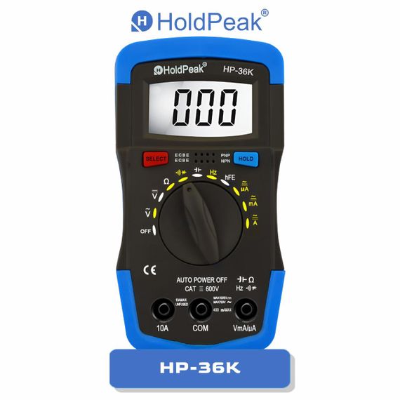 Мультиметр HoldPeak HP-36K компактний цифровий (4000 відліків 1000В 10А AC/DC 40МОм 4000мкФ 1000°C 10МГц)
