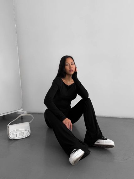 Жіночі штани-лосини клеш з високою посадкою колір чорний, розмір 44/46 SH227 | Зображення 2