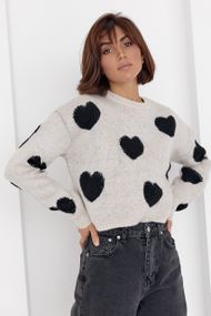 Женский вязаный свитер oversize с сердечками бежевый цвет S