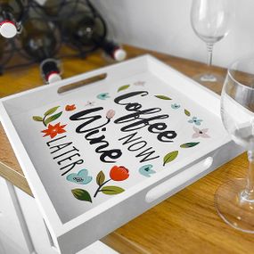 Поднос деревянный с принтом Coffee now wine later 33х33х4 см (PDN_19N004_WH)