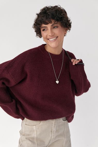 В'язана тепла однотонна кофта - бордо цвет, ONE SIZE (є розміри) | Зображення 4