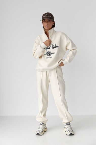 Утеплений спортивний костюм зі світшотом та джогерами - кремовий цвет, M (є розміри)