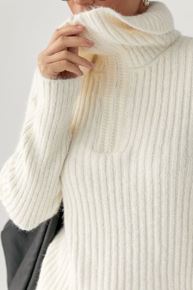 Тепла кофта в рубчик із блискавкою на комірі - молочний цвет, ONE SIZE (є розміри) | Зображення 3