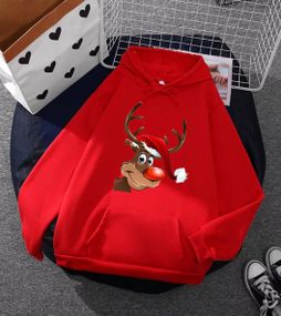 Женский теплый Новогодний худи с оленем, STI237 единый размер 42/48 цвет красный