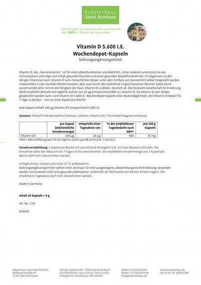 Витамин D3 5600 M.E., 26 капсул, "Sanct Bernhard", Германия | Зображення 1