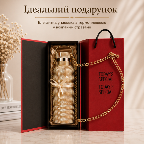 Термобутылка 500 мл со стразами и цепочкой, нержавеющая сталь, Золотистая в подарочной коробке | Зображення 4