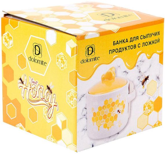 Керамічна банка-медовниця з дерев'яною ложкою "Sweet Honey" 450мл, біла з жовтим | Зображення 1
