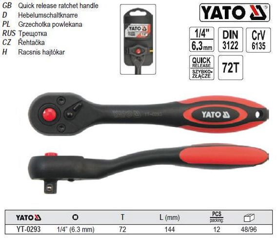 Ключ-тріскачка вигнута M=1/4"(6,3 мм) L=144 мм YT-0293