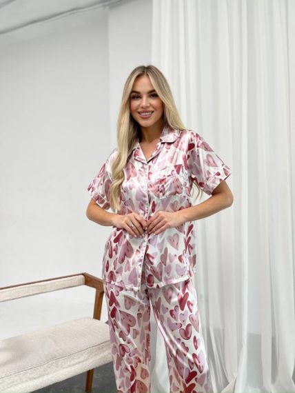 Шовкова рожева піжамка з сердечками з коротким рукавом | Зображення 2