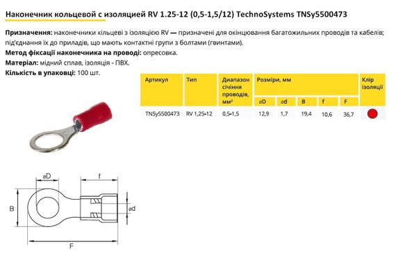 Наконечник кільцевий з ізоляцією RV1.25-12 (0.5-1.5/12) червоний Ny95500473 | Зображення 1