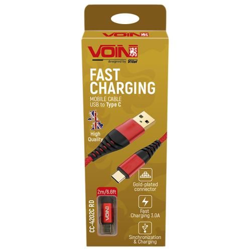 Кабель VOIN CC-4202C RD USB - Type C 3А, 2m, red (швидка зарядка/передача даних) | Зображення 1