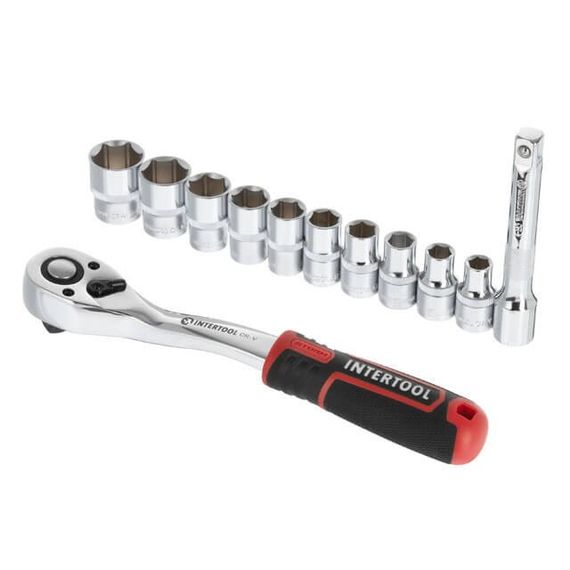Набір головок 1/2" 10-24 мм, подовжувач, ручка з храповим механізмом 72 зуби, 12 од., Cr-V STORM INTERTOOL1 | Зображення 1