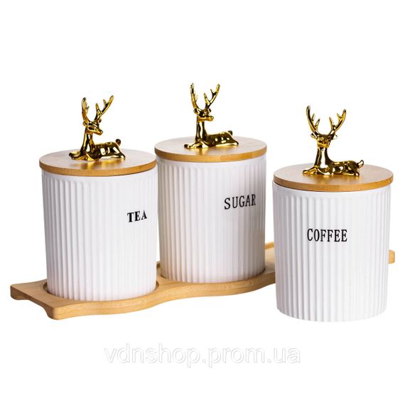Набір порцелянових банок для сипучіх на бамбуковій підставці 3 шт. по 400 мл для чаю кави цукру SCT-652 | Зображення 5