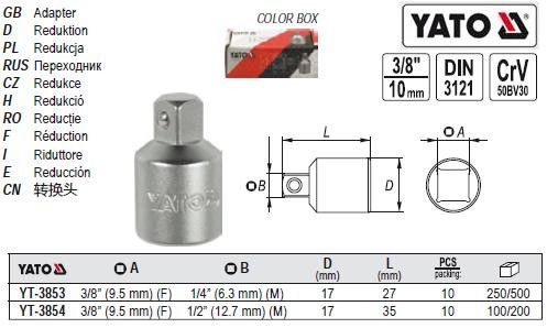 Переходник YATO перехидник M=3/8"(F)/1/4"(М) L=27 мм YT-3853
