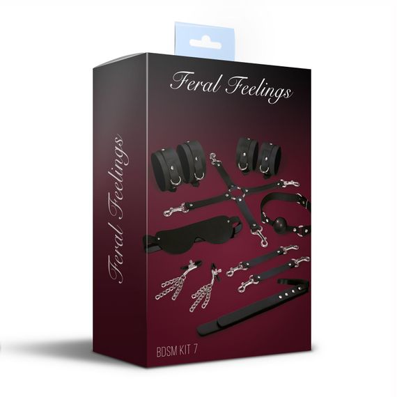Набор Feral Feelings BDSM Kit 7 Black, наручники, поножи, коннектор, маска, паддл, кляп, зажимы | Зображення 1