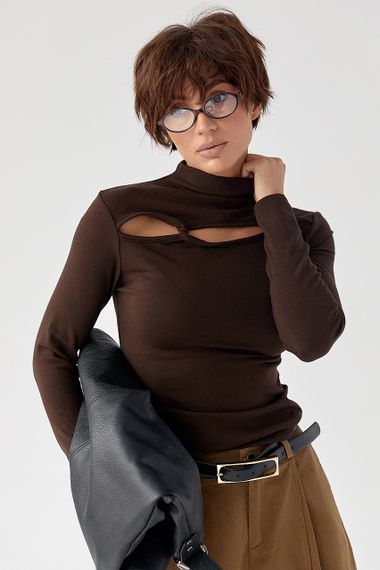 Трикотажний однотонний лонг із переплетом - коричневий цвет, ONE SIZE (є розміри) | Зображення 4