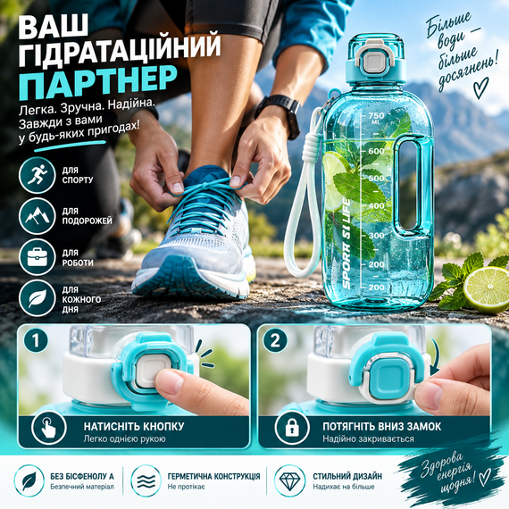 Спортивна пляшка для води ST-YIBEN 750 мл з ремінцем — багаторазова з еко-пластику BPA-free, герметична кришка, бірюзова | Зображення 2